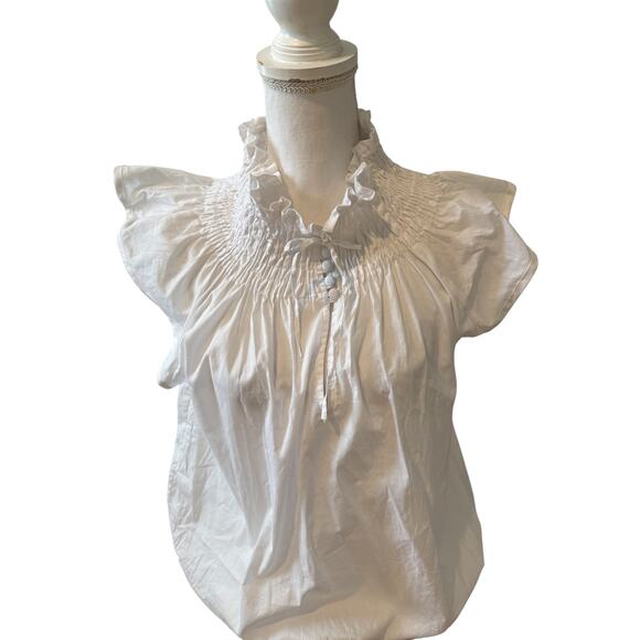 Isabella Rodriguez Smocked Neck Poplin Top White L - Picture 2 of 6